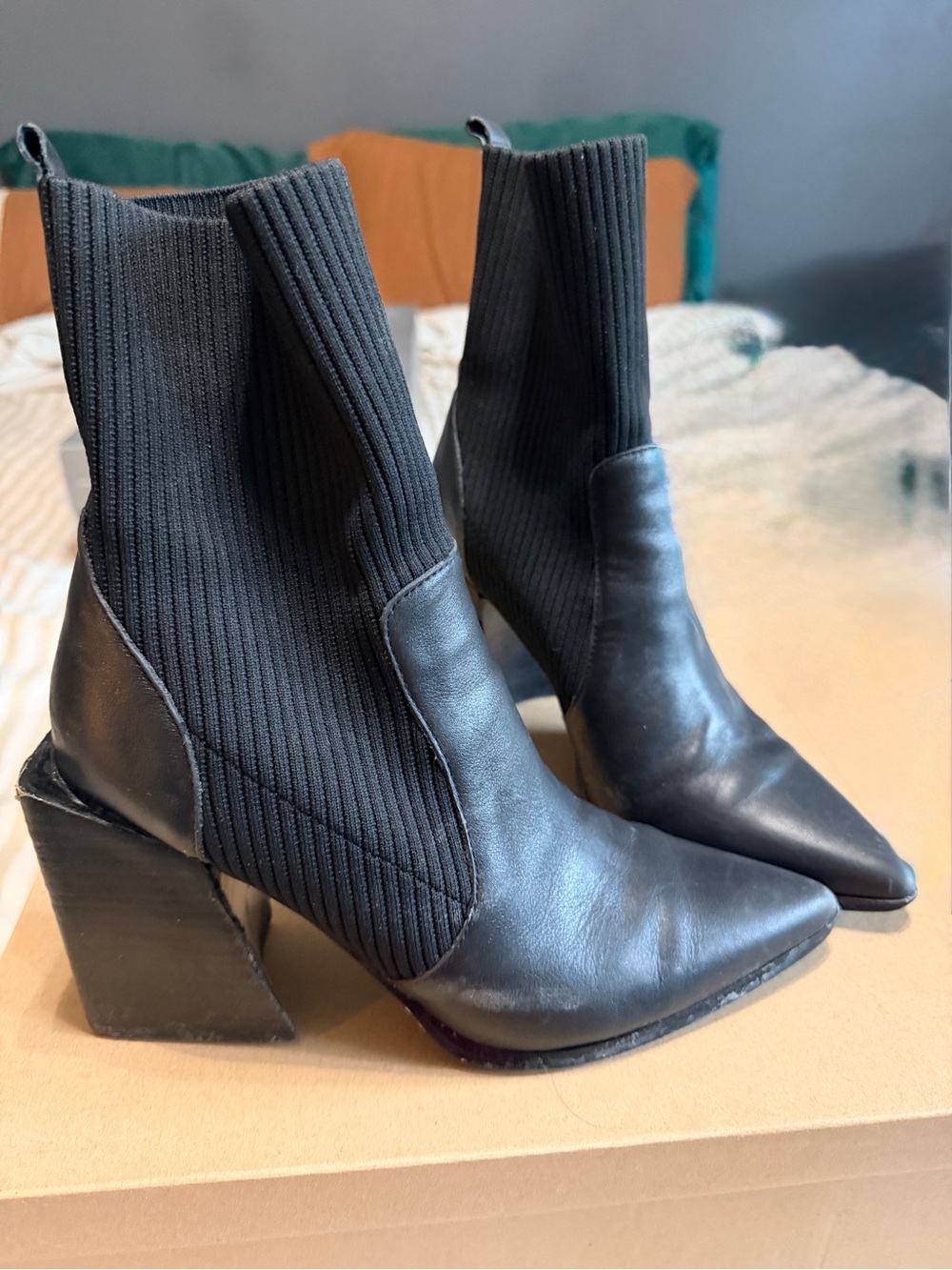 Steve Madden Black Pointed Toe Knit Block Heel Ankle Boots